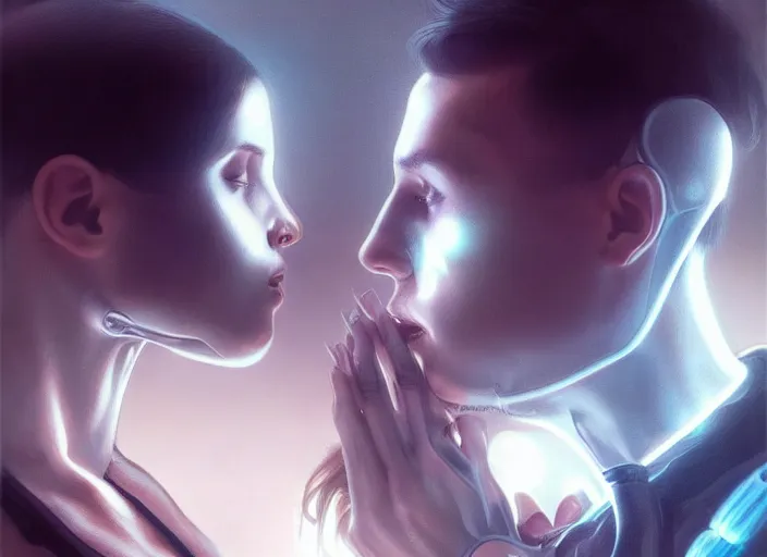 Prompt: ultra realistic medium shot of a couple of cyborgs kissing, lovers, romantic, cyberpunk, sci - fi, fantasy, kodak, colour led, soft light, volumetric lighting, fog, rays, night, intricate, highly detailed, digital painting, concept art, smooth, sharp focus, illustration, art by artgerm and greg rutkowski and alphonse mucha