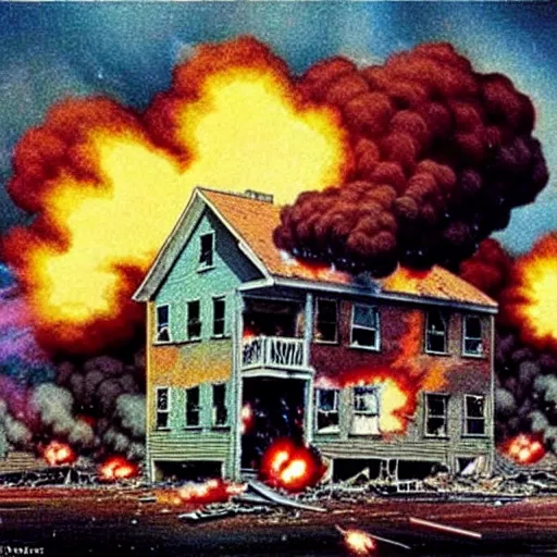 Prompt: color photo from the 80s, the shelling of a house in New York by Soviet soldiers, epic style, a bunch of explosions, realistic style