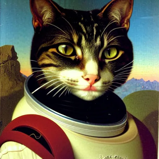 Image similar to portrait of a cat astronaut with armor and helmet, by bouguereau