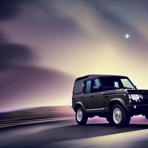 Image similar to land rover discovery driving down a windey road with noctoluminescent clouds in the sky, simplistic style, 1 9 8 0 s poster style