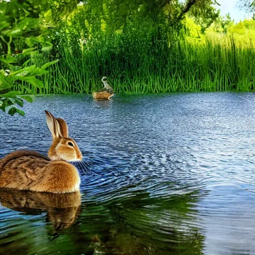 Image similar to high detailed photo of the river bank with a rabbit is relaxing near it and a duck floating by.