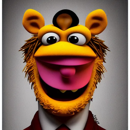 Image similar to a still of a forgotten muppet character looking very manly and modern, hilarious, laughing, hairy chest, huge chin, manly monster tough guy, roughled fur, photo real, photographic, photograph, artstation, trending, featured