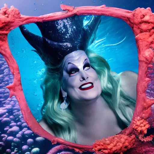 Image similar to Trump as Ursula the sea witch underwater, 8k, professional photography, cinematic shot, dark, smoke