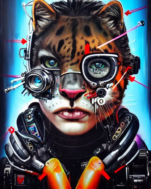 Image similar to a portrait of an anthropomorphic cyberpunk jaguar by sandra chevrier, by jon foster, detailed render, pistol in holster, tape deck, epic composition, cybernetics, 4 k realistic, cryengine, realistic shaded lighting, sharp focus, masterpiece, by enki bilal