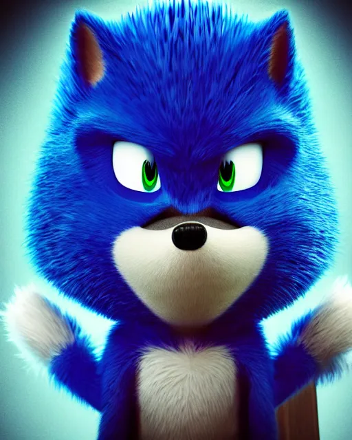 Prompt: prison mugshot of real - life sonic the hedgehog, bright flash, blue fur, dreamworks animation still, low saturation, somber expression, filthy hair, rugged textured face, soft vignette, soft focus, 5 0 mm, 4 k, nypd