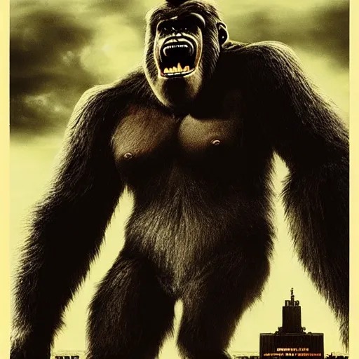 Image similar to poster for king kong movie, dramatic lights, scary