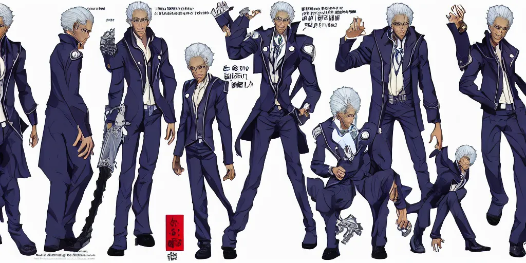 Image similar to Fusion of Barak Obama and Vergil from the game Devil May Cry in the style of Araki Hirohiko, Jojo\'s Bizarre Adventure, character design sheet