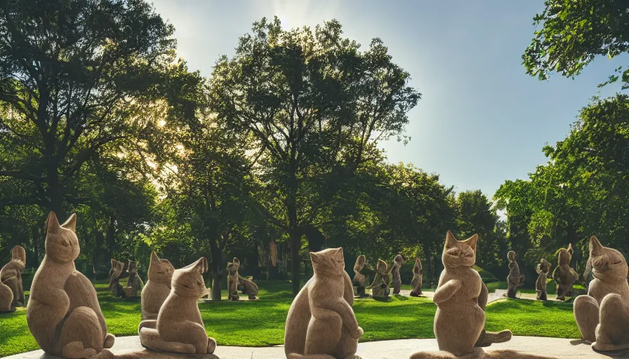 Prompt: A park full of trees and flowers with statue cats forming a circle ,god rays, incredible lighting, 4k photography award winning,