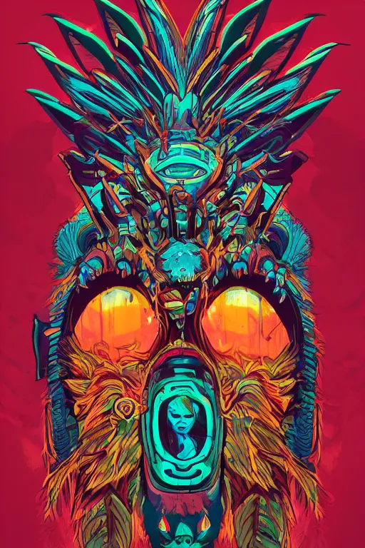 Image similar to totem animal tribal chaman vodoo mask feather gemstone plant wood rock video game illustration vivid color borderlands by josan gonzales and dan mumford radiating a glowing aura