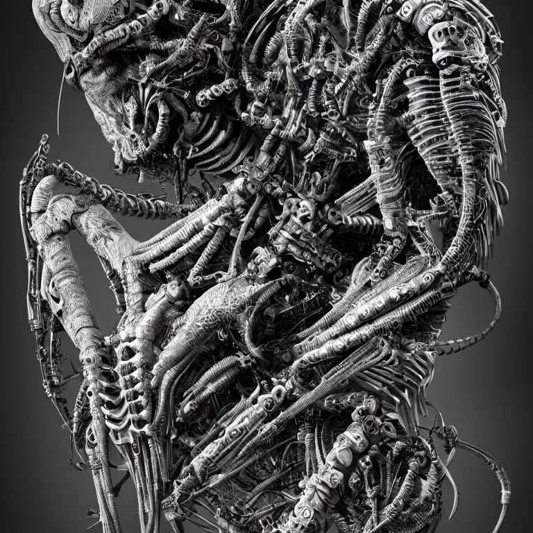 Prompt: surreal biomechanical spinal ribbed tribal exotic organic animal mechanical cyborg, beautiful detailed intricate insanely detailed BW 3D render digital art, octane render, 8K artistic photography, photorealistic