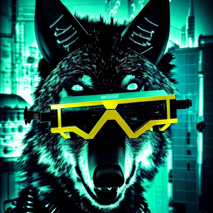 Prompt: portrait of mechanical wolf with cyberpunk fpv glasses in cockpit, reflective lens, caustics, bokeh, dust, mechanical parts, neon wires, dark fur, closeup portrait, editorial photography, award winning, establishing shot, dark mood, dark sci fi, vibrant tones, cinematic, symmetry