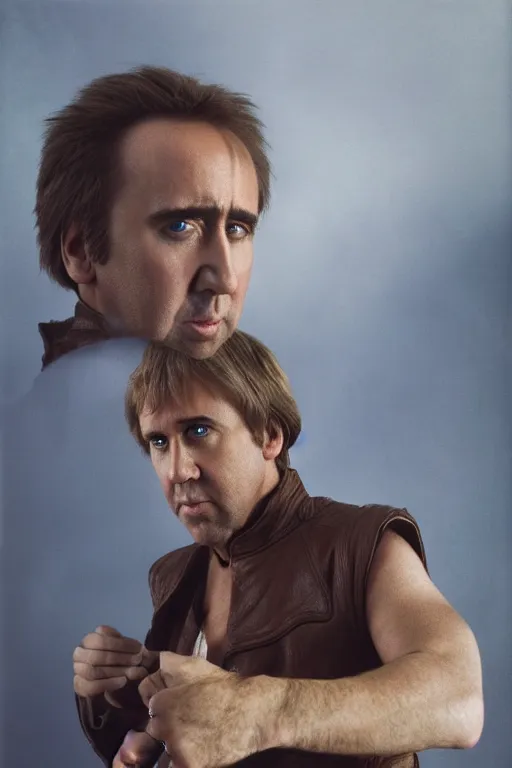 Image similar to A portrait photograph of Nicolas Cage as Luke Skywalker, award winning, by Annie Liebowitz