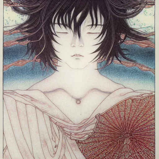 Prompt: prompt: Fragile looking vessel portrait soft light drawn by Takato Yamamoto, inspired by Fables, magical and alchemical objects on the side, soft light, white background, intricate detail, intricate oil painting detail, sharp high detail, manga and anime 2000