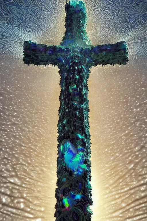 Image similar to a crystalline 3 d mandelbulb fractal in the shape of jesus christ on the cross, bioluminescent opal, fractal, magnificent lighting, ethereal, ray tracing, octane, holographic