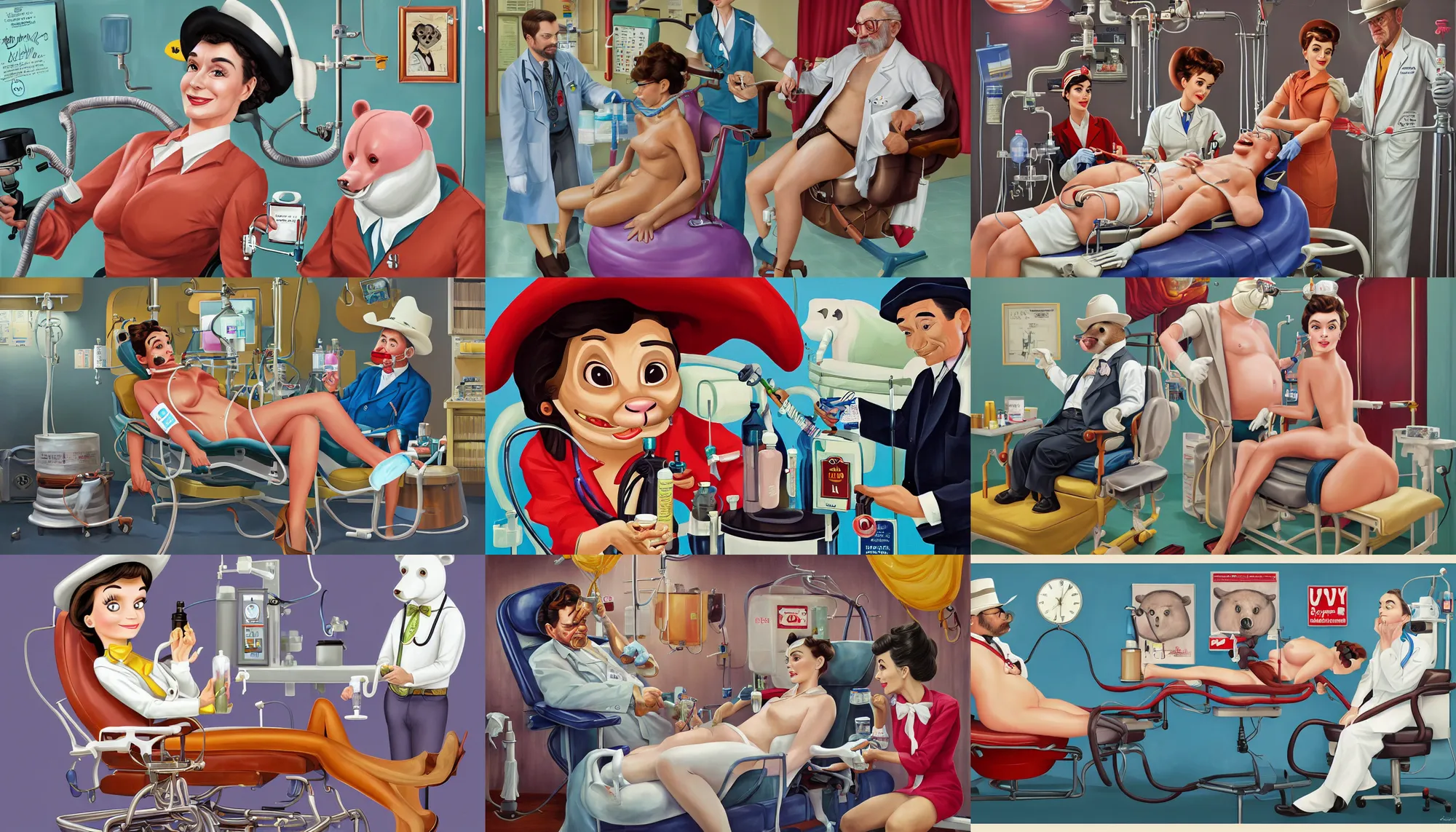 Prompt: bearish gentleman sat in medical chair on a bull run inducing intravenous drip stimulant system being examined by anthropomorphic cowboy snake physician doctor and audrey hepburn inspired petroleum pinup nurse using locomotive vitamin syringes to extract build up of fatty bear bile from the patients hyper inflated top buyers neck and invigorate a biological bull run, digital painting by Lisa Frank and Greg Rutowski and Magritte and Alphonse Mucha on 35mm film, 8k 1080p