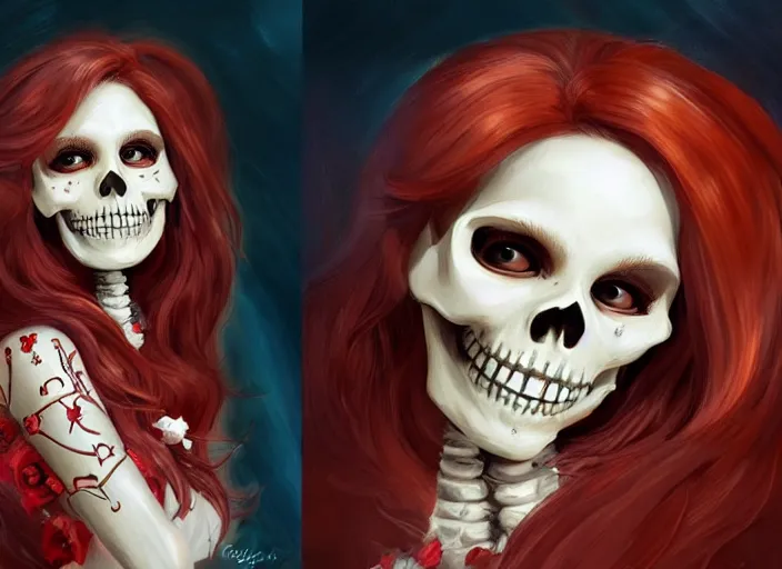 Image similar to cute & beautiful smug smiling mexican undead skeleton girl with red hair dressed as a bride, elegant, digital art, fantasy, pixar style, painting, pin up, highly detailed, artstation, art by artgerm, vrubel, boris vallejo and ilya kuvshinov