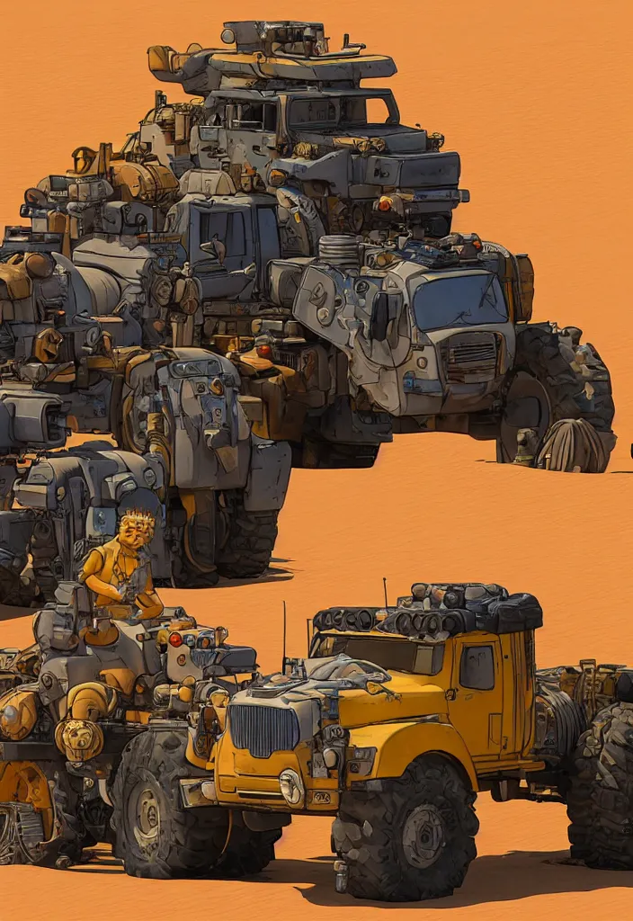 Image similar to Lisa Simpson portrait next to Fury Road War Rig vehicle with desert background, borderlands 4k render