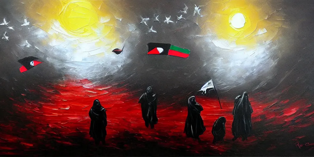 Image similar to dramatic dark oil painting of freedom for palestine, red green white black