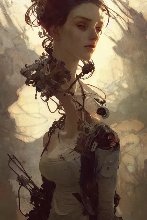 Prompt: A full portrait of a beautiful post apocalyptic offworld machinist, intricate, elegant, highly detailed, digital painting, artstation, concept art, smooth, sharp focus, illustration, art by Krenz Cushart and Artem Demura and alphonse mucha