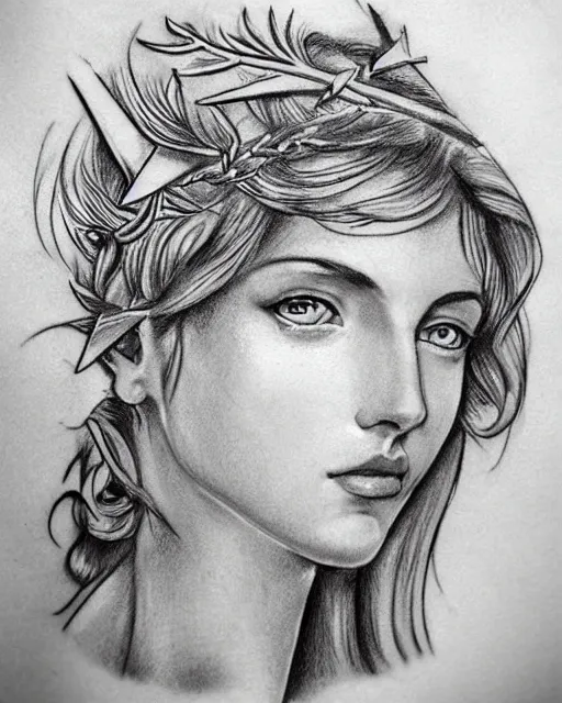 Image similar to realism tattoo sketch of a beautiful greek goddess aphrodite wearing a laurel wreath and arrowhead earrings, beautiful confident eyes, beautiful flowing hair, hyper realistic face, in the style of artgerm, fantasy, amazing detail, epic, elegant, smooth, sharp focus, from the front, long shot