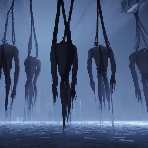 Image similar to illustration of rows of limp homunculus hanging like clothing in an ice box, rolling fog, cyberpunk, dystopian, dramatic lighting, unreal engine 5