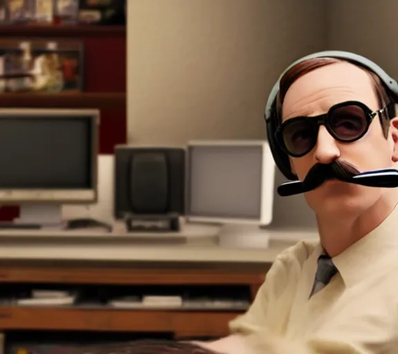 Image similar to Saul Goodman gaming at a pc, mustache, wearing cat ears headphones, movie still, photorealistic, movie shot