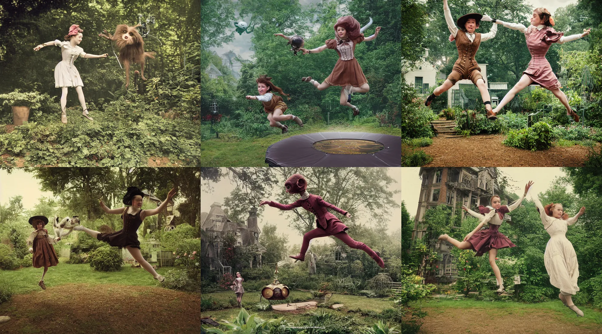 Prompt: detailed, sharp, a girl jumping on a trampoline with her cute pet humanoid alien creature, wearing 1860s era clothes, in the garden of a house on an alien planet with strange alien plants growing, steampunk, extremely highly detailed, steampunk, in focus faces, 70 mm film still from a period sci fi color movie, 4k, HD, cinematic lighting