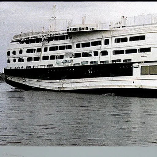 Image similar to vhs footage still of abandoned cruise ship with water damaged interior, date stamp in bottom right corner reads 1 8 jan 2 0 0 5, 7 : 2 0 pm