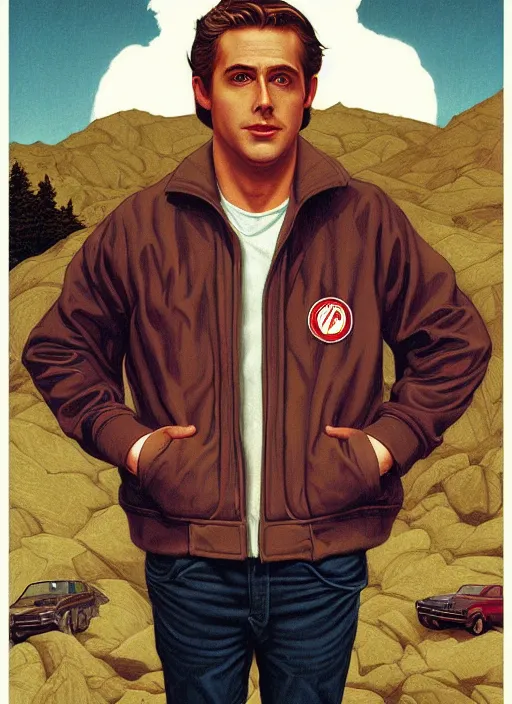 Image similar to twin peaks poster art, by michael whelan, rossetti bouguereau, artgerm, retro, nostalgic, old fashioned, 1 9 8 0 s teen horror novel cover, book, ryan gosling in letterman jacket small town being hunted