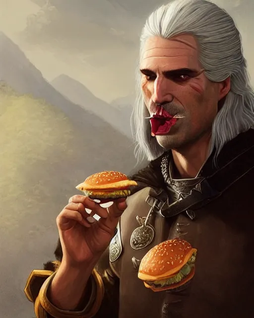 Image similar to portrait of geralt of rivia stuffing a hamburger in his mouth, fantasy, intricate, elegant, highly detailed, digital painting, artstation, concept art, smooth, sharp focus, illustration, by artgerm and greg rutkowski