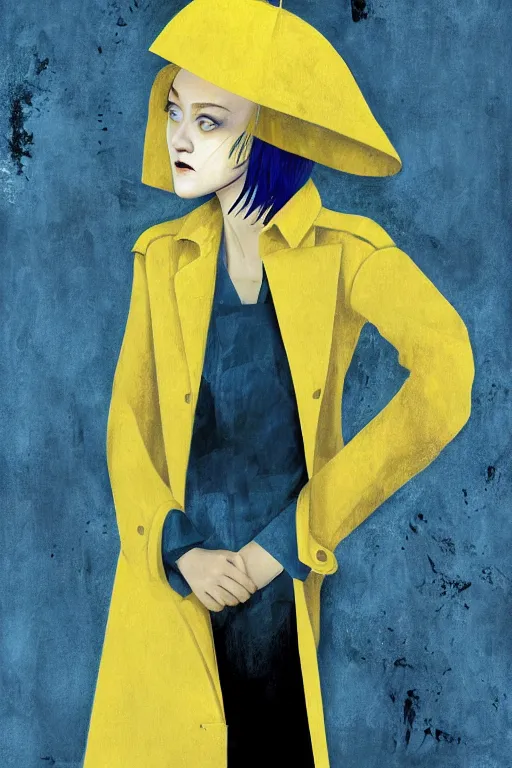 Image similar to Dakota Fanning with short blue hair wearing a yellow trenchcoat by Dave McKean