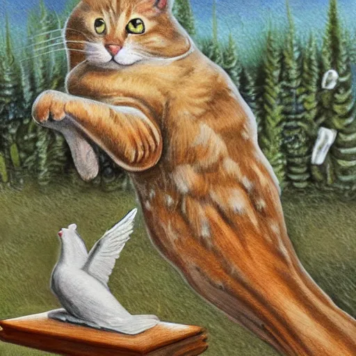 Image similar to cat playing with the dove of peace, photorealistic, detailed