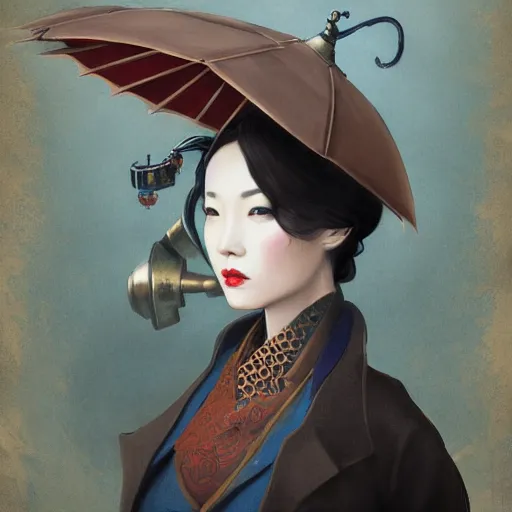 Image similar to steampunk Chinese lady with umbrella, detailed, digital painting, concept art, smooth, sharp focus, illustration, by Anato Finnstark, Tom Bagshaw, Brom