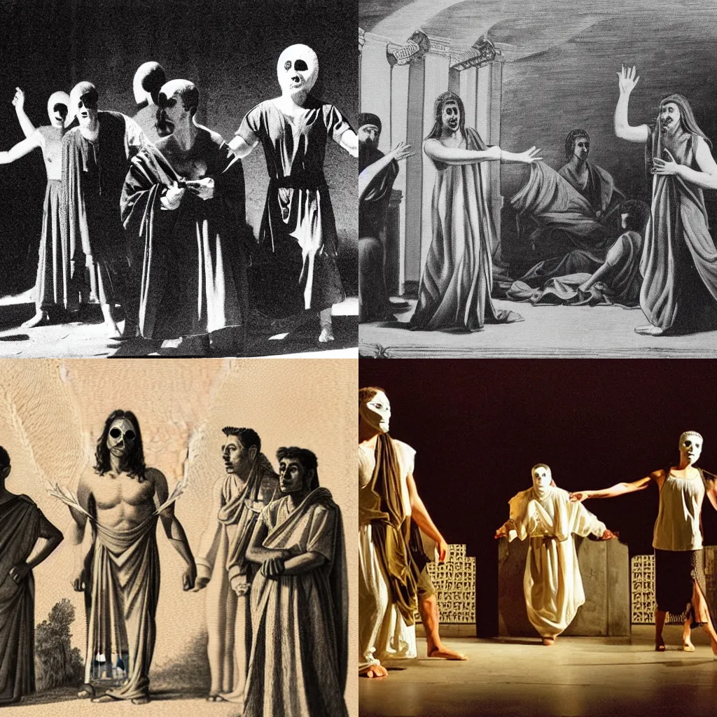 Prompt: still from a play by euripides set in an athenian theater. the actors wear greek masks