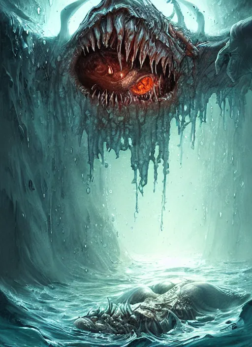 Image similar to digital painting of a wet smily undead drowned monster, with translucent and weiny skin, long freaky finger, by filipe pagliuso and justin gerard, fantasy, highly detailed, realistic, intricate, glowing eyes