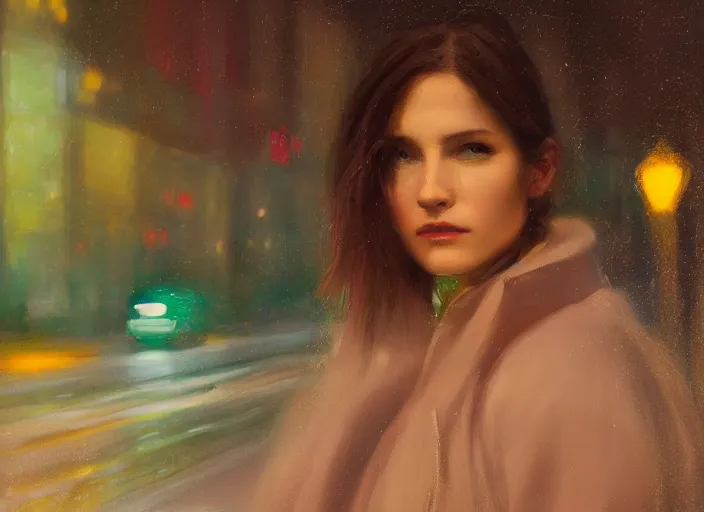 Prompt: detailed portrait of a woman with green eyes in the city street at night, bokeh, long exposure, painting by jeremy lipking christopher doyle