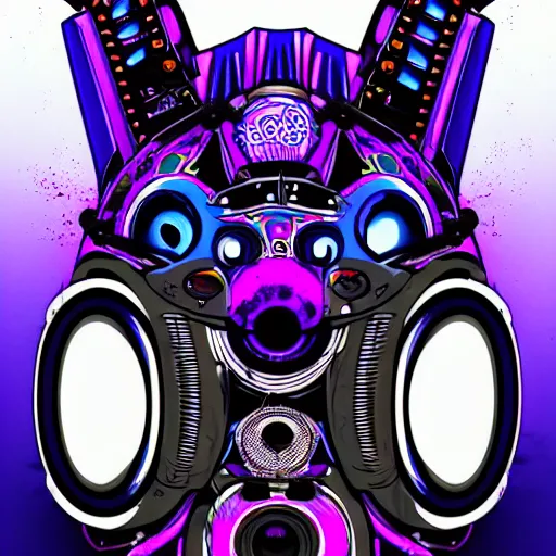 Prompt: Concept art for a whimsical ultraviolet tribal masked character made of speakers, horns, analog synthesizers, and accordians. dark background, highly detailed digital art, made with photoshop, trending on Artstation. splattered cartoon art.