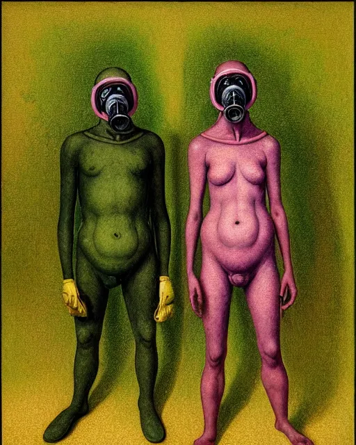 Prompt: Two figures wearing gas masks draped in silky gold, pink and green, in a decayed hospital room, in the style of Francis Bacon, Esao Andrews, Zdzisław Beksiński, Edward Hopper, surrealism, art by Takato Yamamoto and James Jean