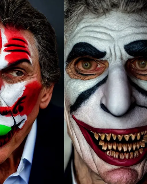 Prompt: Mauricio Macri in Elaborate Joker Makeup and prosthetics designed by Rick Baker, Hyperreal, Head Shots Photographed in the Style of Annie Leibovitz, Studio Lighting, Mauricio Macri with an angry cat in his hand