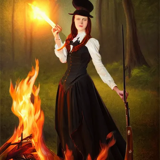 Image similar to a beautiful young woman, pale skin, black long hair, aristocrat, black expensive dress from 1 8 6 0, holding a rifle, illuminated by campfire, oil painting, digital art, studio photo, realistic, artstation, high quality, wild west