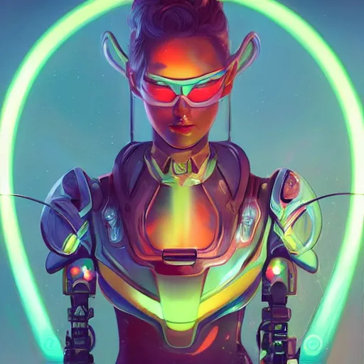 Image similar to portrait of an astonishing beautiful futuristic robot archer, glowing neon bow, realistic, artgerm and peter mohrbacher style, 4k