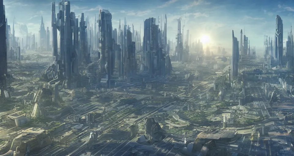 Image similar to view on futuristic city in the horizon, in style of solarpunk, detailed, sharp, 8 k