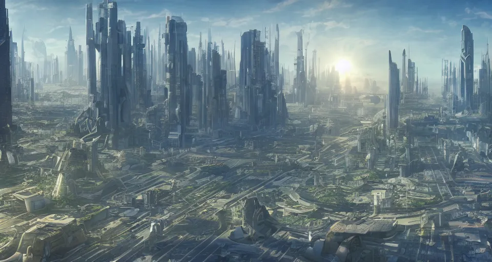 Prompt: view on futuristic city in the horizon, in style of solarpunk, detailed, sharp, 8 k