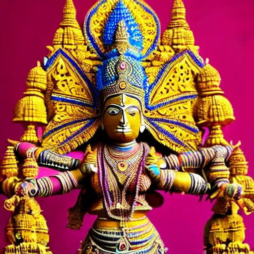 Image similar to a woman wearing an armor and head - dress. the armor and head - dress is made out of the colors, textures and sculptures of the meenakshi temple in madurai. intricate. detailed.