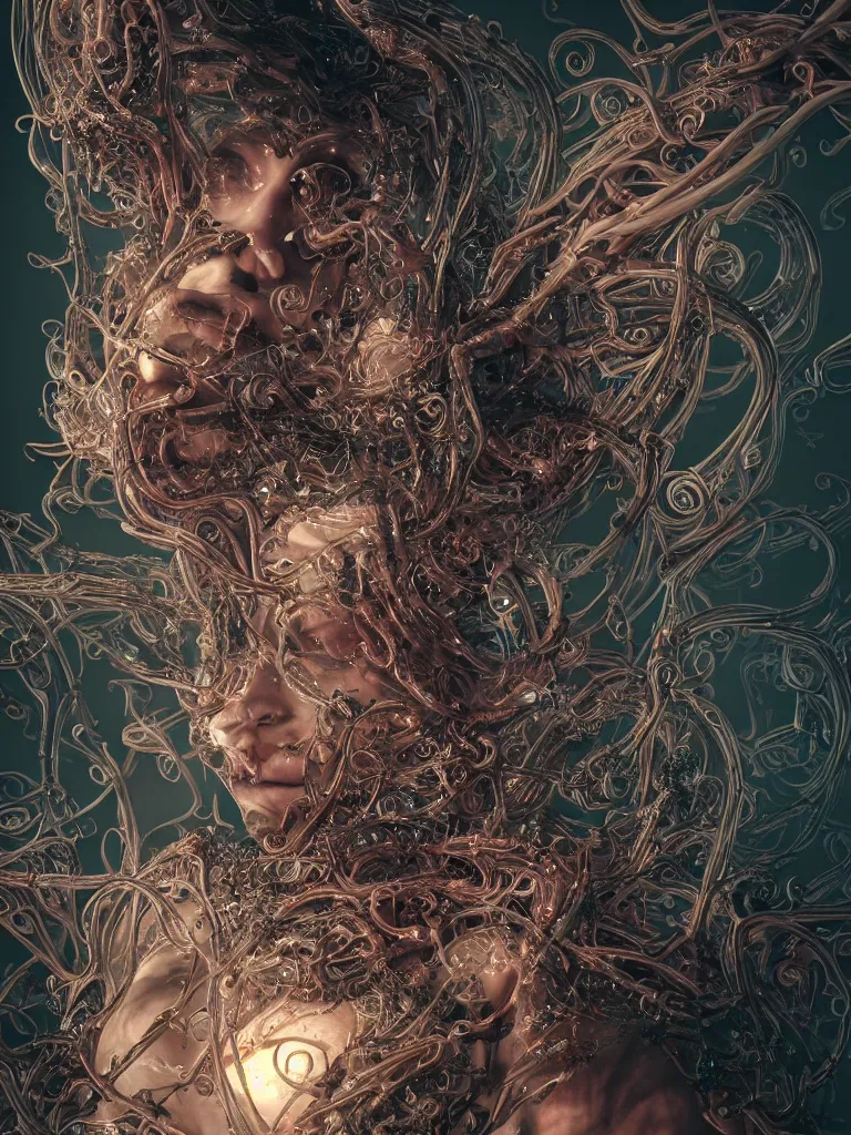 Image similar to beautiful portrait of the priestess of pain and sorrow, bio-mechanical cathedral ,intricate tendrils, chaotic swirling ferrofluids, baroque, octane render, glow, surreal dramatic lighting, intricate details and ornaments, 8k, cinematic, blur, shallow depth of field, neuro web, plasma, neon