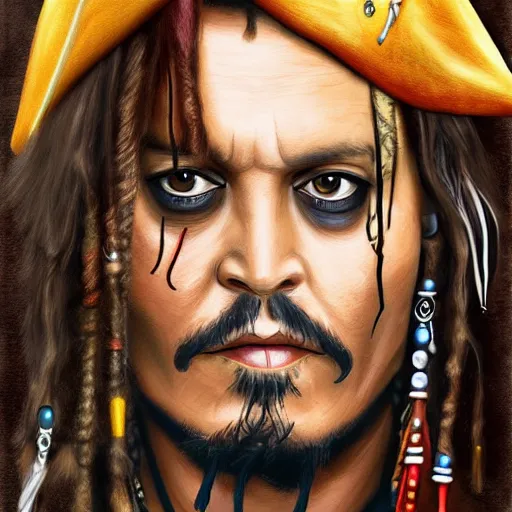 Image similar to portrait of johnny depp as captain jack sparrow, highly detailed, centered, solid color background, digital painting