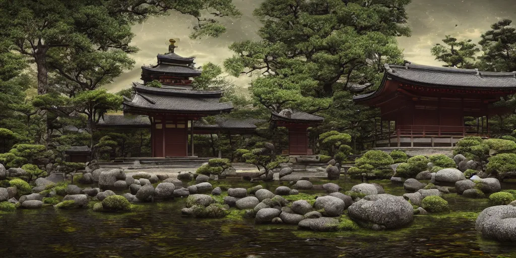 Prompt: a ancient japanese temple in the middle of a forest mear a small river, extremely highly detailed, high quality, 8K HDR, octane render, unreal engine 5, hyperrealistic, concept art, trending on Artstation, fancy lighting, cinematic, high coherence, path tracing, ruins, clouds in the sky, singular building, centered, sakura trees