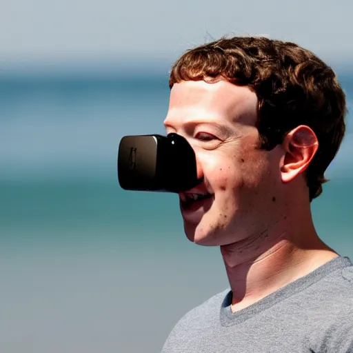 Prompt: mark zuckerberg wearing a vr headset on the beach