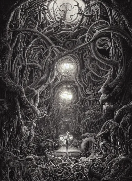 Prompt: a photorealistic dramatic hyperrealistic render of exploring eerie pan's labyrinth by joe fenton, color poster art design, intricate details, beautiful dynamic dramatic dark moody tones and lighting, shadows, cinematic atmosphere, octane render, 8 k