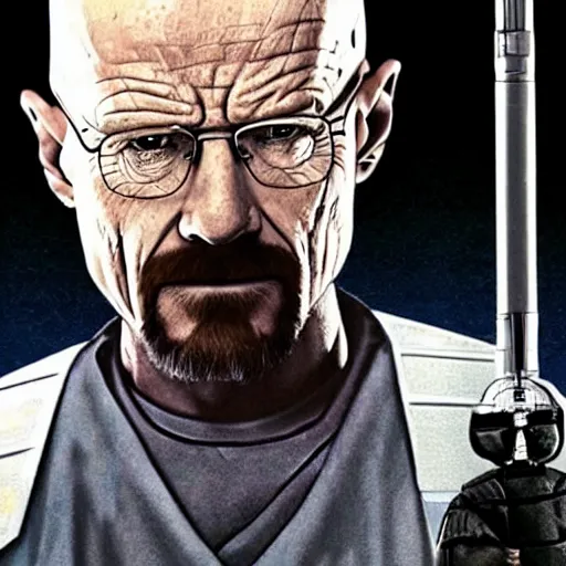 Prompt: realistic photo of walter white as a jedi from star wars, using jedi clothes and with a lightsaber